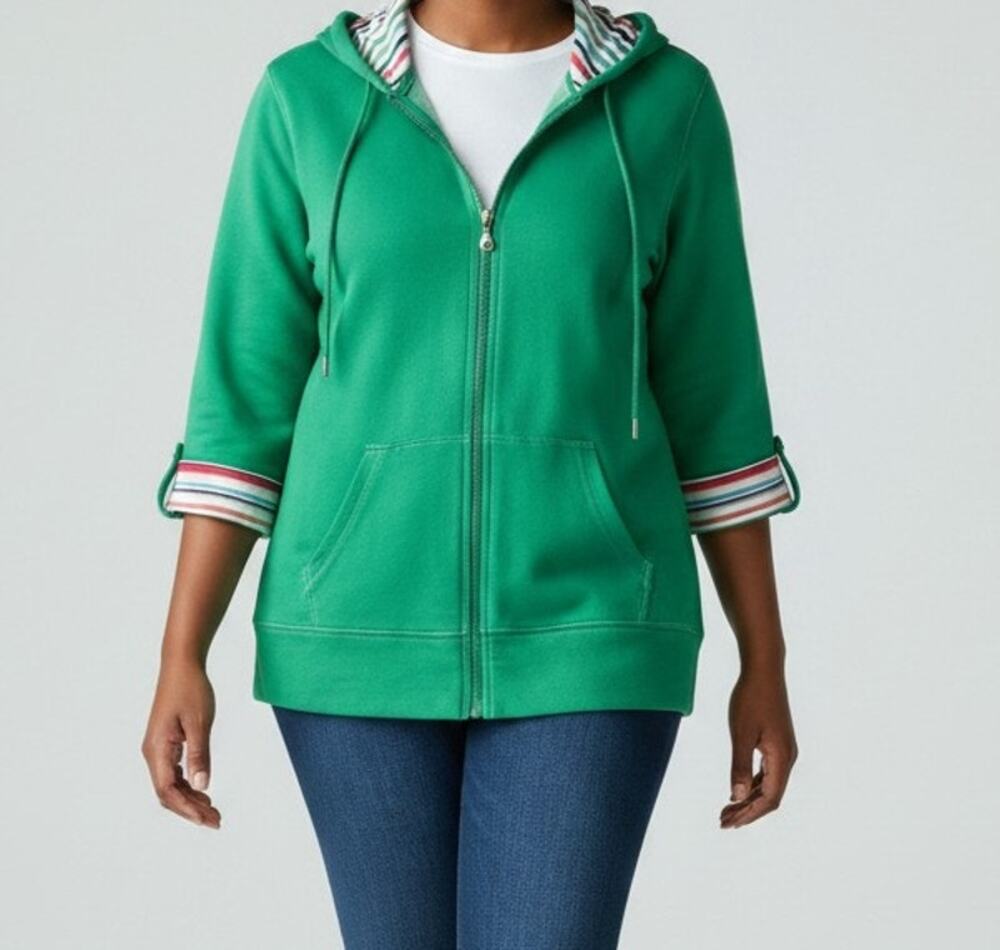 Silverwear New York Women's L Green Lightweight Zip-Up Jacket 3/4 Sleeves